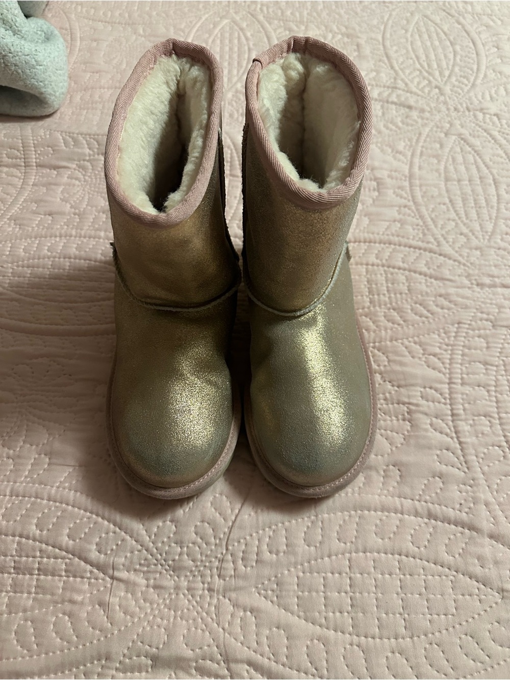 UGG Metallic Gold Short Boots with Pink Trim